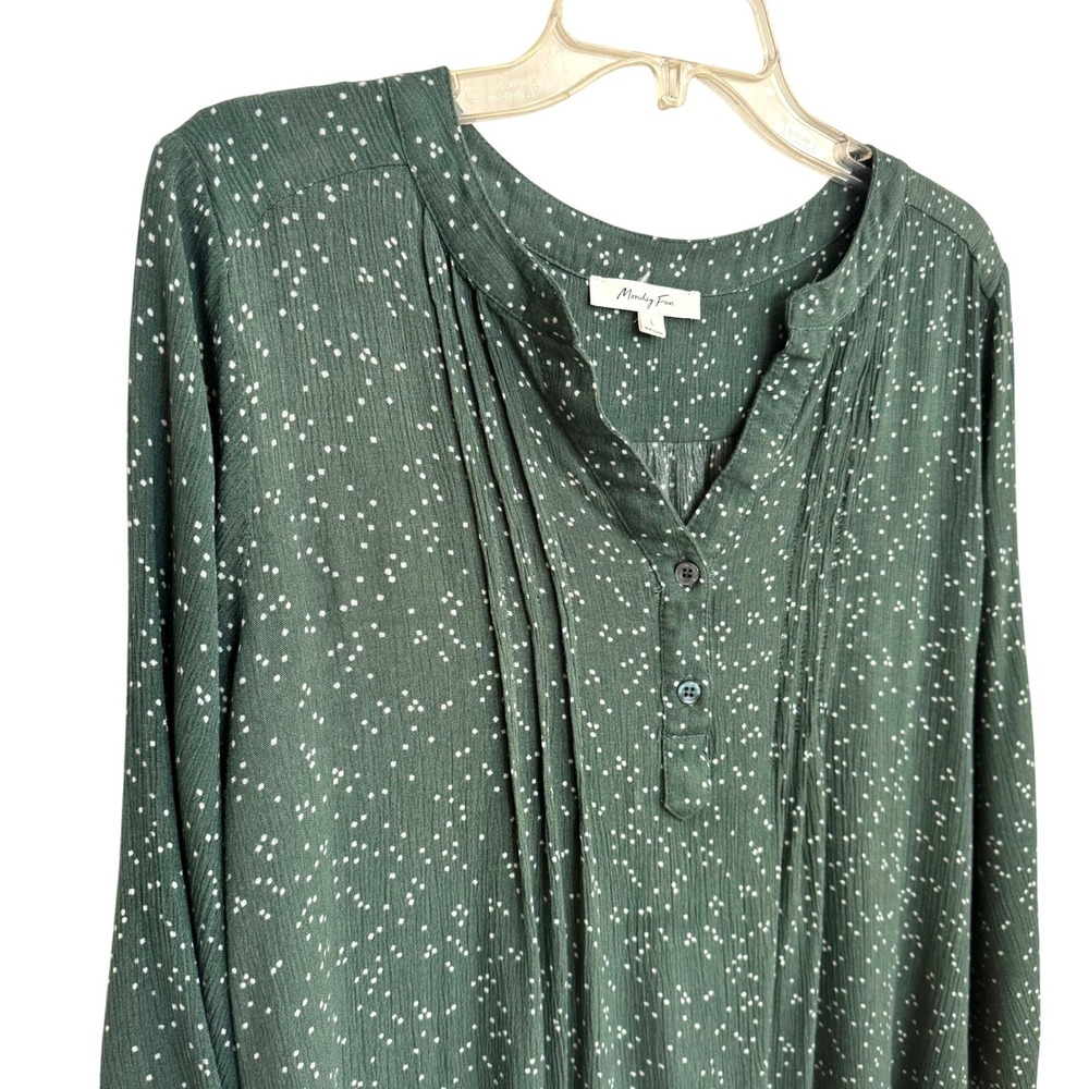 Monday Fun Green Polka Dot Pintuck Henley Blouse 3/4 Sleeve Large